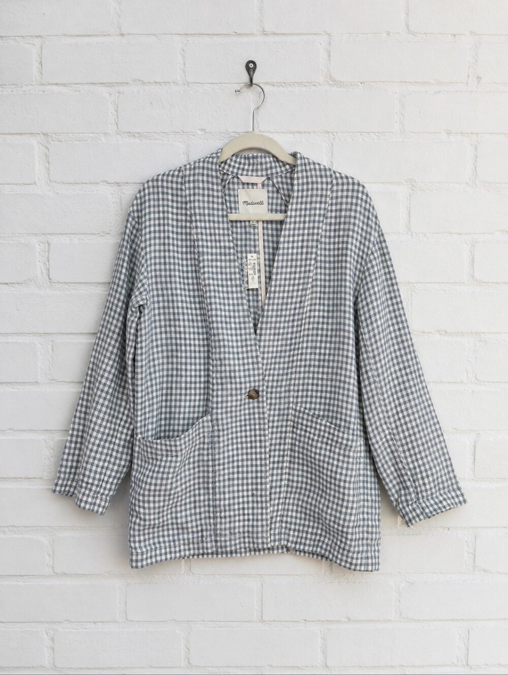 Madewell Blue Gingham Check 100% Linen Oversize Blazer Pockets NEW Size Small